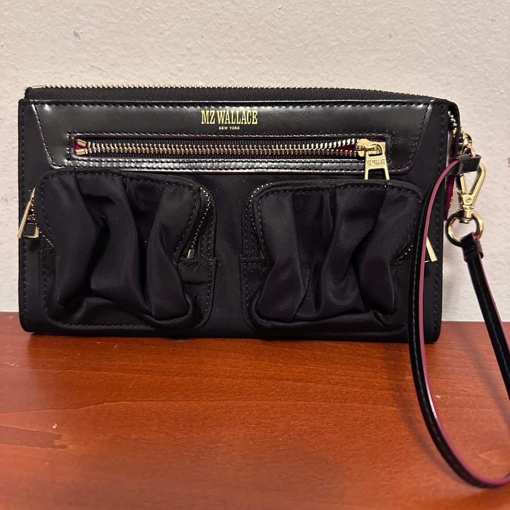 MZ Wallace Black Ruched Wristlet Clutch